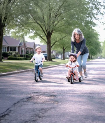 Active Family Time A woman helping two young children ride their bikes and a tricycle on a quiet residential street.