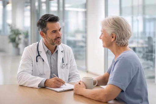 Doctor consulting with senior patient in clinic A smiling male doctor in a white lab coat and stethoscope sits at a desk, taking notes while having a friendly conversation with a senior woman during a medical consultation.